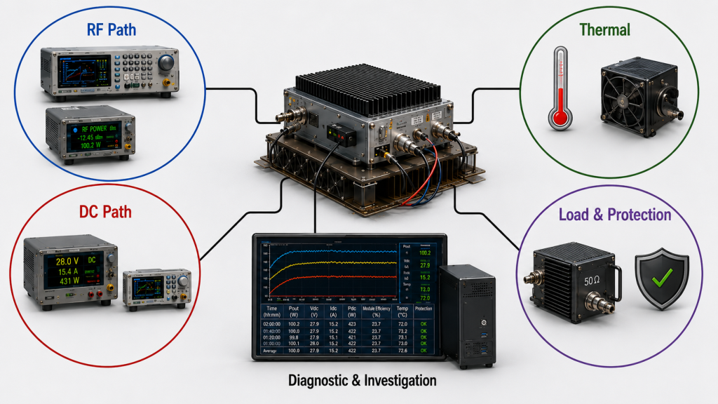 RF PA hot-state efficiency diagnosis comparing RF path, DC path, thermal condition, load, and protection evidence