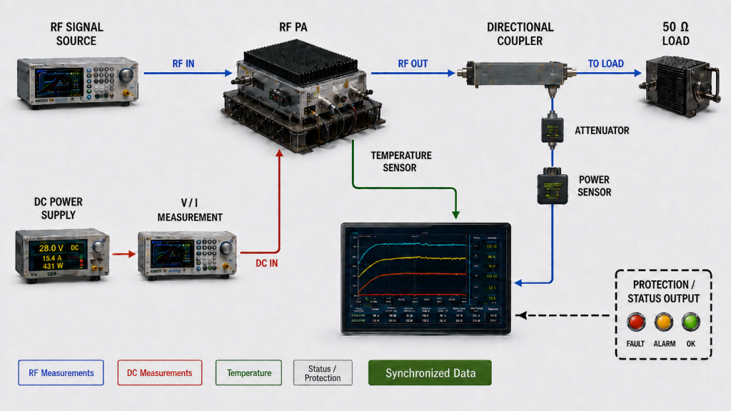 Synchronized RF PA CW measurements of RF output, DC input, temperature, power sensor data, and protection status