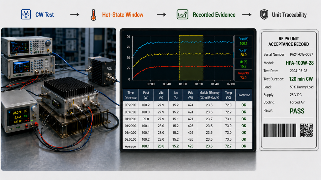 RF PA CW acceptance evidence with hot-state data, module efficiency, protection status, and unit traceability