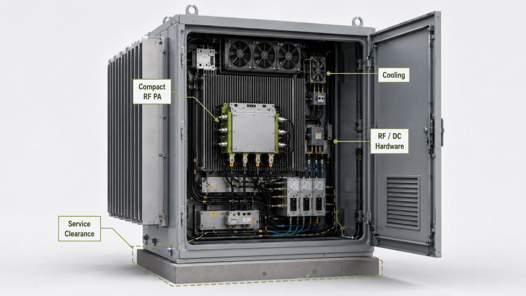 Compact RF PA installed with cooling, RF/DC hardware, and service clearance inside a larger cabinet