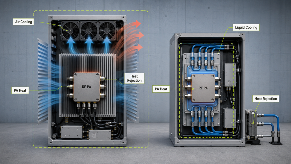 RF PA heat dissipation comparison between air cooling and liquid cooling architectures