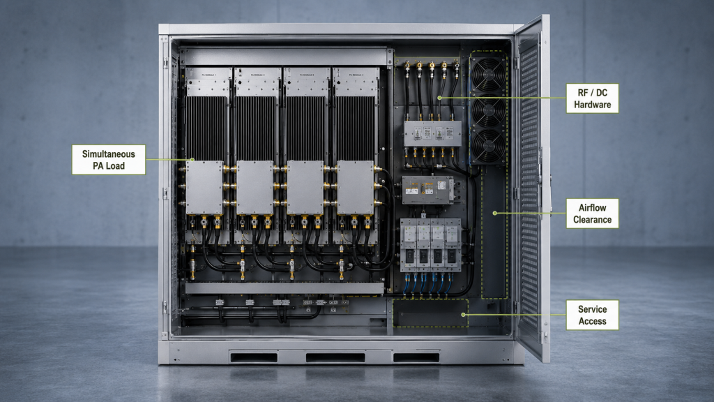 RF PA cabinet showing simultaneous PA load, RF/DC hardware, airflow clearance, and service access