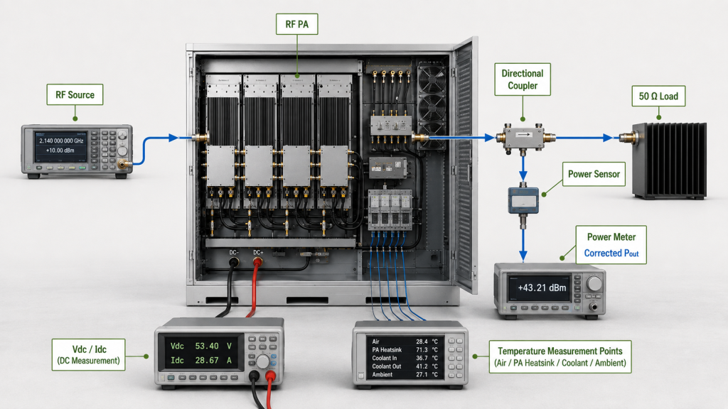 Production-representative RF PA cabinet test measuring corrected Pout, DC input, and temperature points