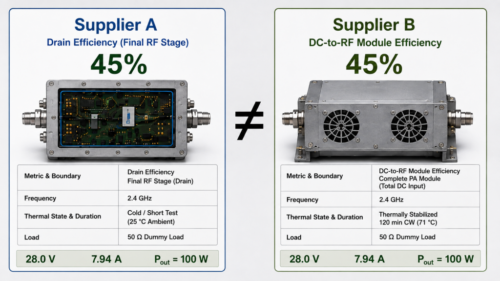 Two RF PA suppliers both reporting 45% efficiency using different DUT and DC measurement boundaries