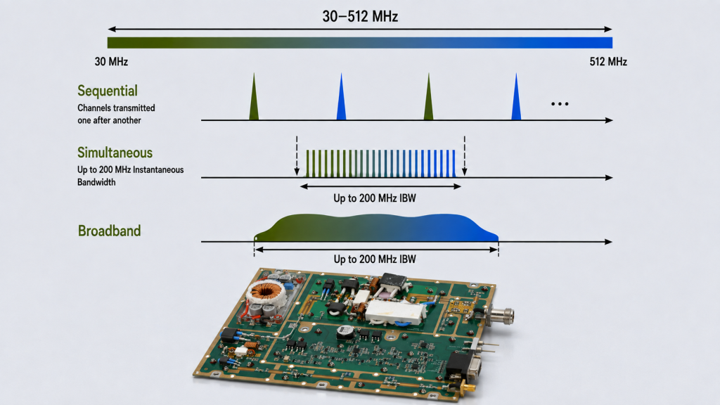30–512MHz RF PA showing sequential, simultaneous, and broadband operation within up to 200MHz instantaneous bandwidth