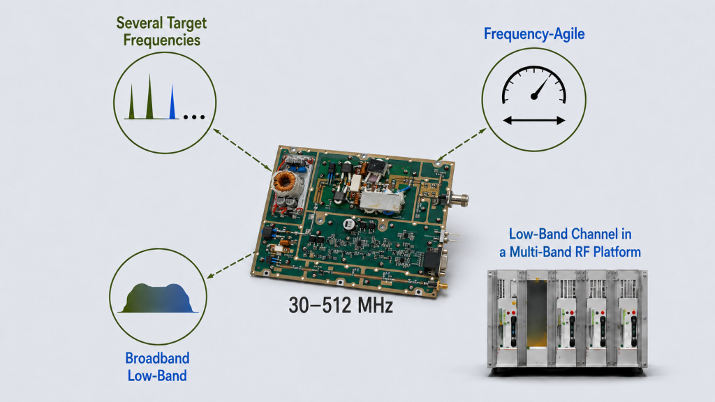 30–512MHz RF PA module for multiple target frequencies, frequency-agile operation, broadband low-band RF, and multi-band platforms