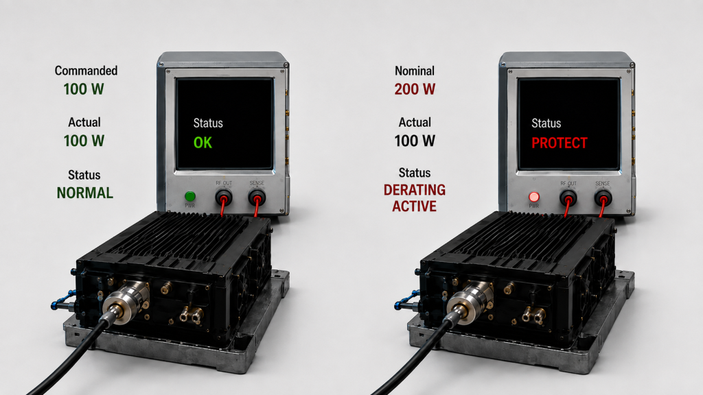 Commanded RF PA power back-off compared with unwanted derating at the same 100 W output