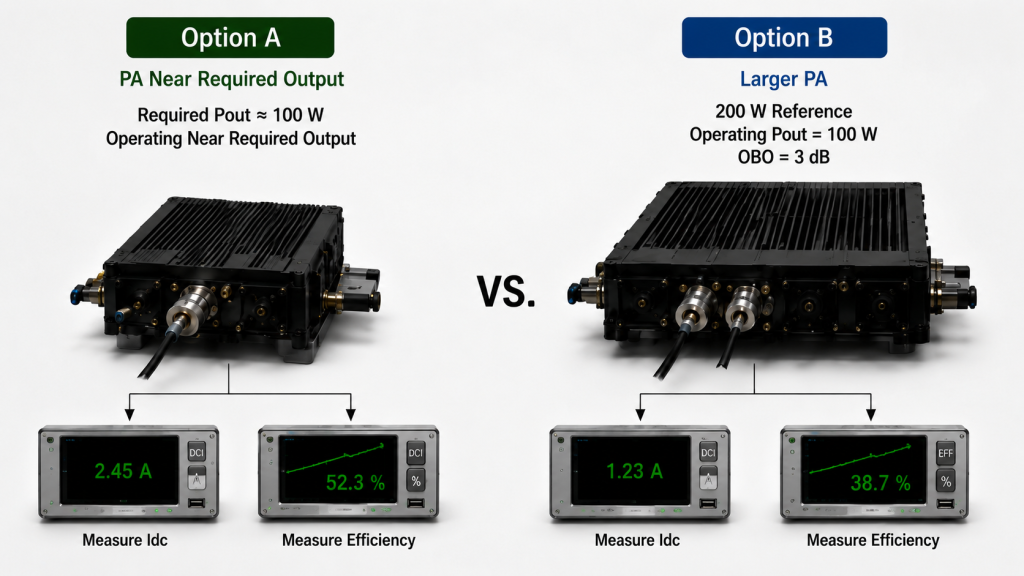 Comparison of a PA operating near required output with a larger PA operating at about 3 dB output back-off