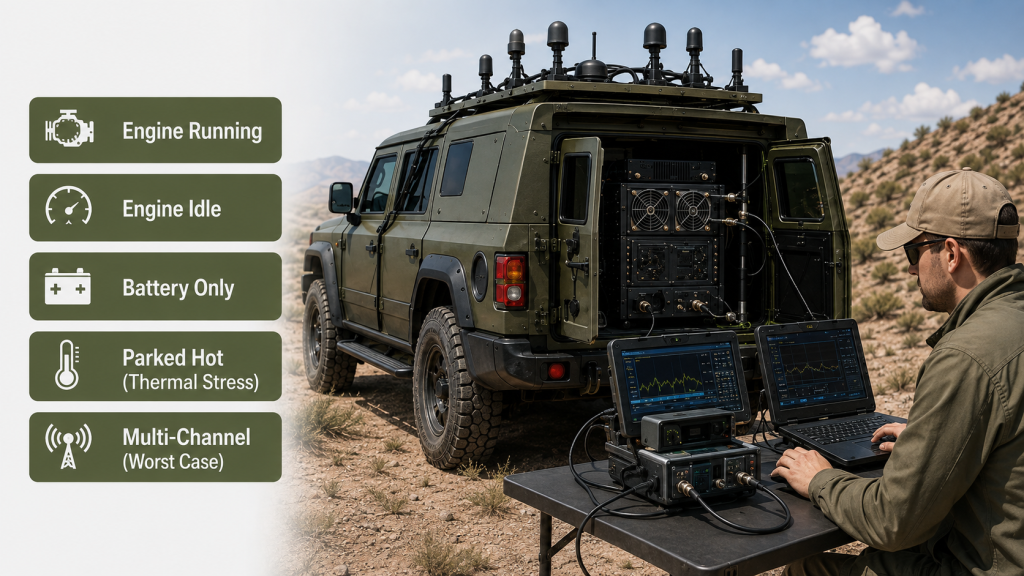 Vehicle C-UAS RF PA testing under engine running, idle, battery-only, parked-hot, and multi-channel operating states