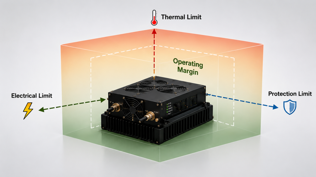 RF PA operating margin between electrical, thermal, and protection limits