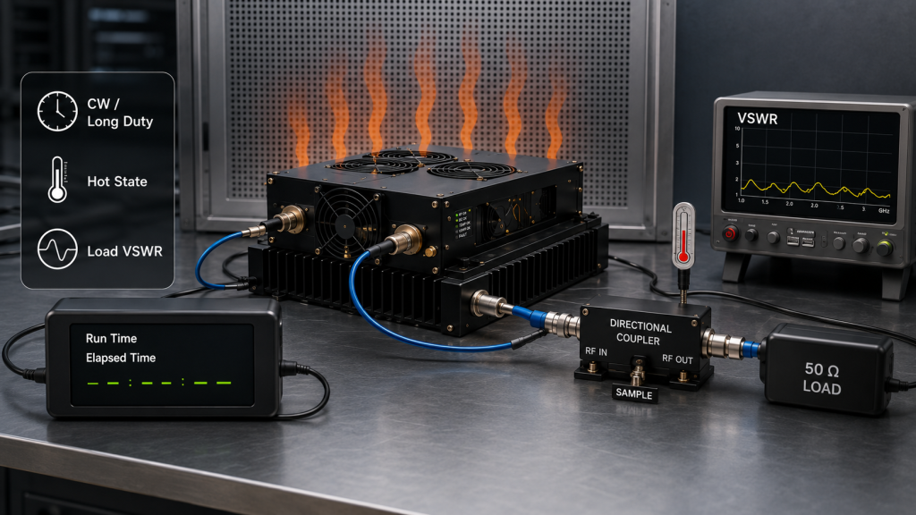 RF PA reliability test under long-duty operation, hot-state conditions, and load VSWR