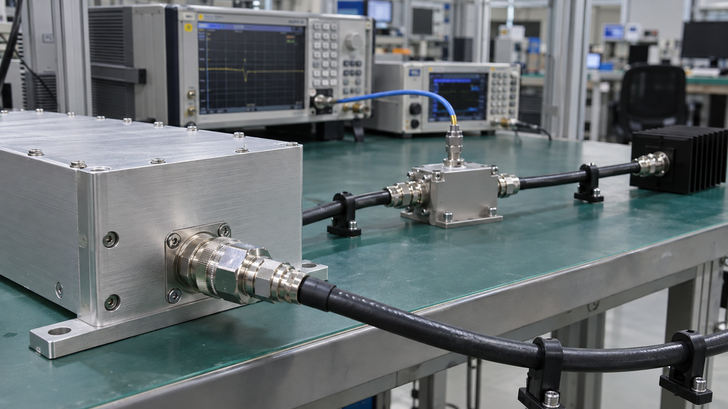 RF power amplifier test path with coaxial cable, directional coupler, and RF load