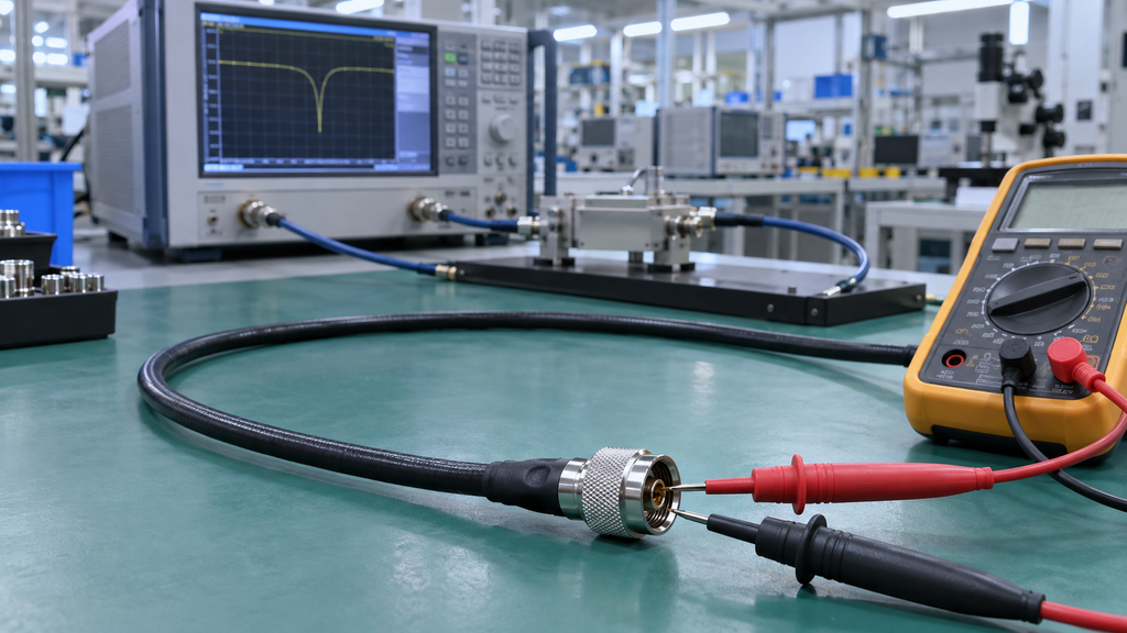 Multimeter continuity check on a coaxial RF cable connector before RF validation
