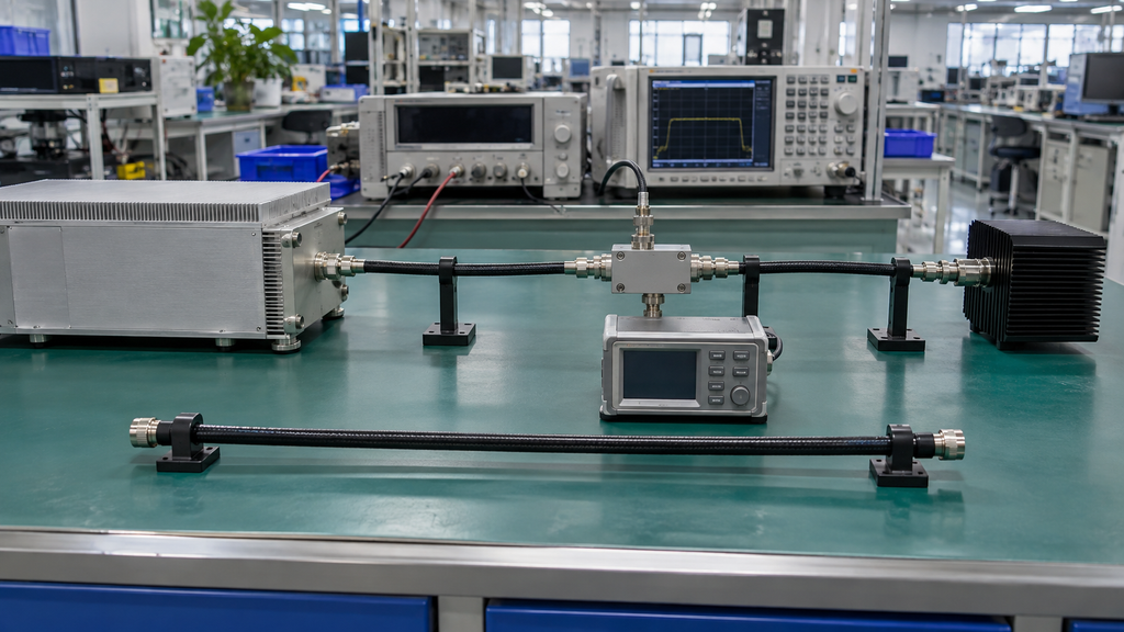 RF power amplifier test setup comparing a suspect cable assembly with an approved reference cable