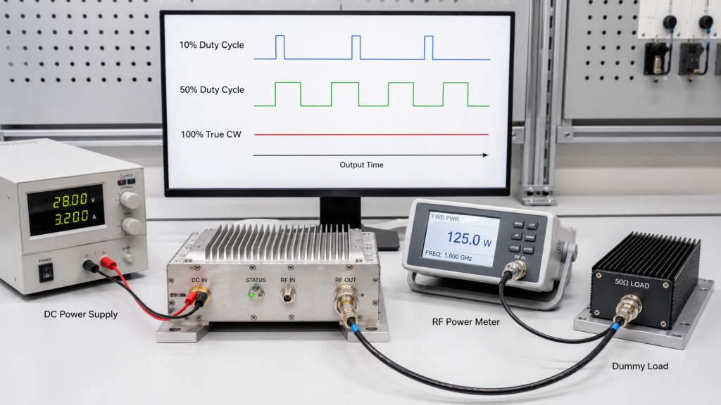 RF power amplifier duty cycle waveform showing 10%, 50%, and 100% True CW operation with module, power meter, and dummy load
