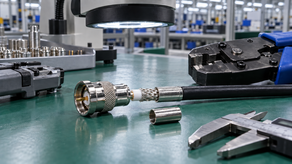 Inspection of RF connector center pin, dielectric, shield braid, and crimp sleeve