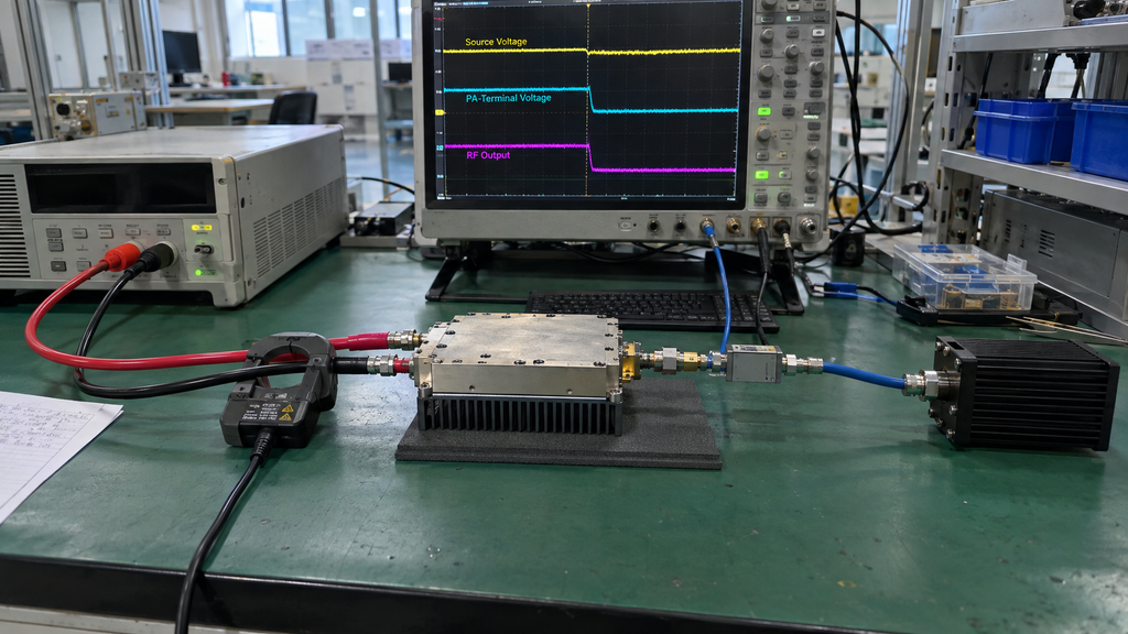 Time-correlated source voltage, PA-terminal voltage, and RF output evidence during a DC voltage-drop event