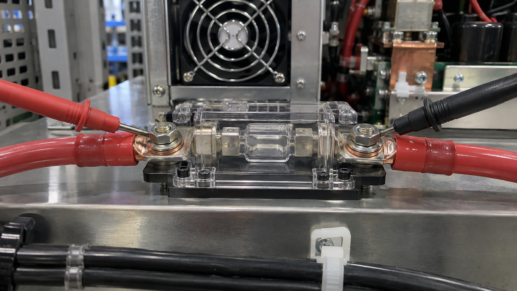 Voltage-drop measurement across a single high-current DC connection in an RF power amplifier supply path