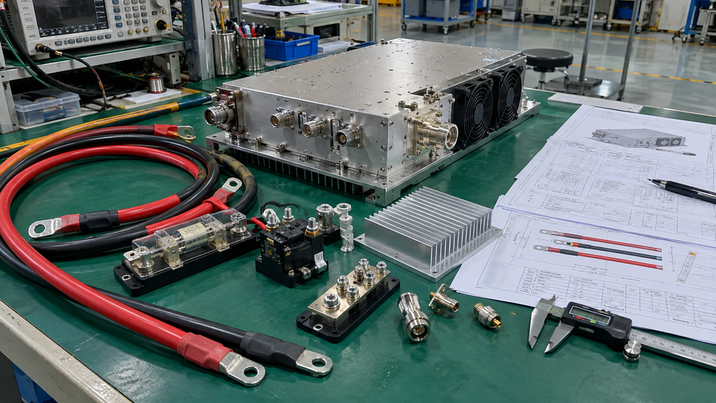 RF power amplifier, DC cables, protection hardware, distribution components, and cooling parts prepared for RFQ review