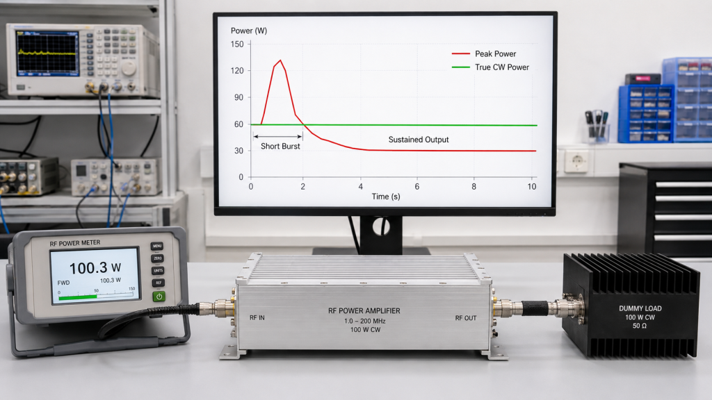 RF power amplifier peak power versus True CW output comparison showing short burst power and sustained output over time