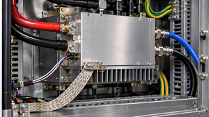 RF power amplifier installed in a grounded cabinet with a defined chassis bonding strap