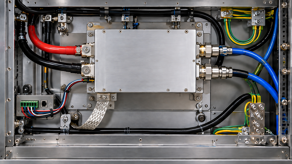 RF PA cabinet showing separate DC return, signal reference, chassis bond, protective earth, and RF paths