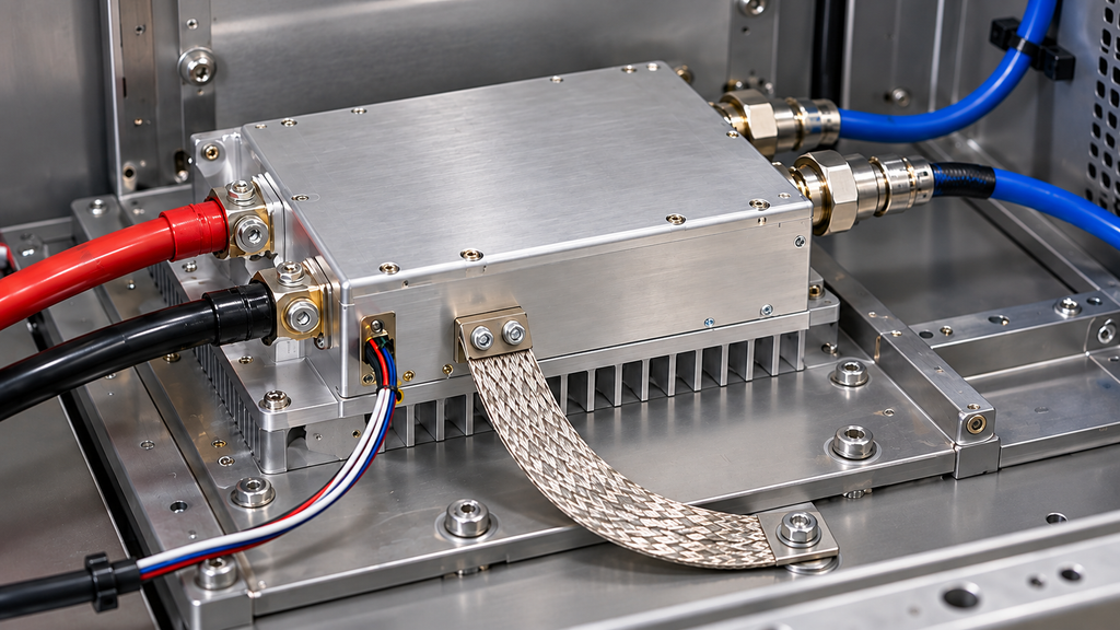RF power amplifier with separate DC supply conductors, signal reference wiring, and chassis bonding strap
