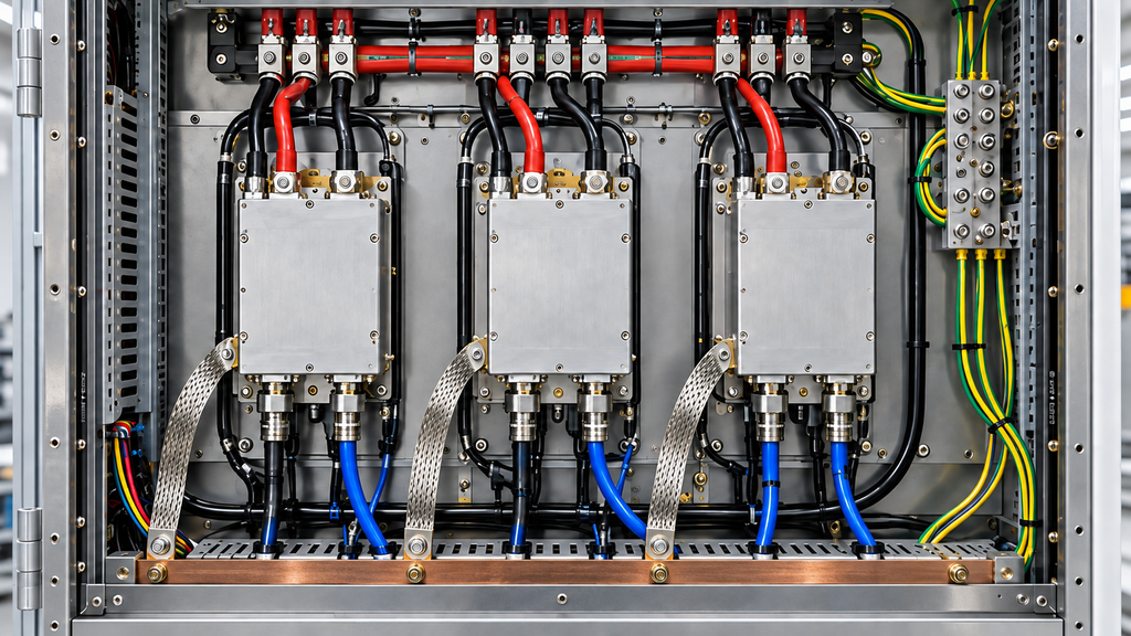 Multi-module RF PA cabinet with separate DC branches, chassis bonding straps, and protective earth distribution
