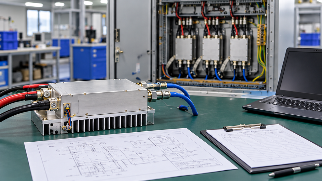RF PA cabinet integration review with grounding topology drawing, test records, and engineering documentation