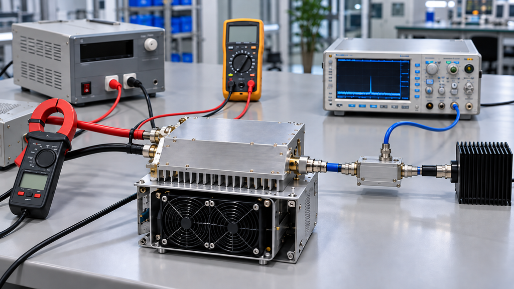 RF PA grounding verification under DC load with current measurement, directional coupler, RF sampling, and 50 ohm load