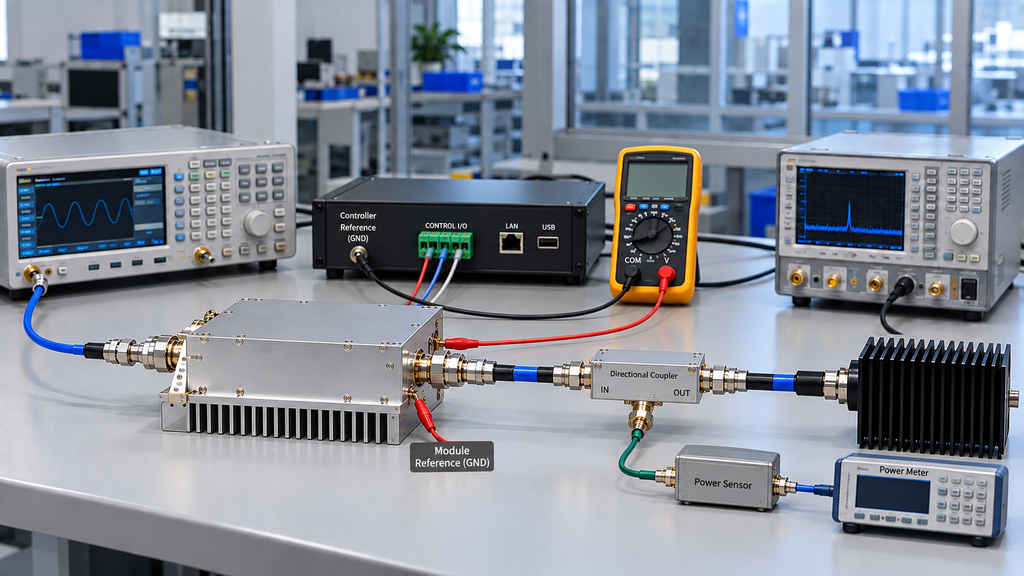 RF PA reference shift test measuring module-to-controller ground voltage with independent RF power monitoring