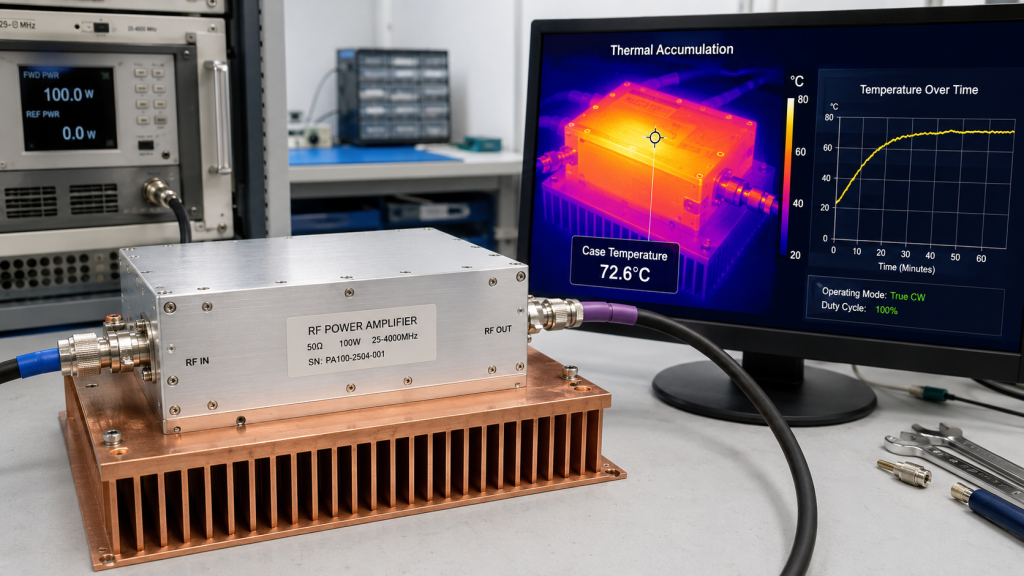 RF power amplifier thermal stress under long duty cycle operation with heat accumulation, case temperature, and rising temperature curve