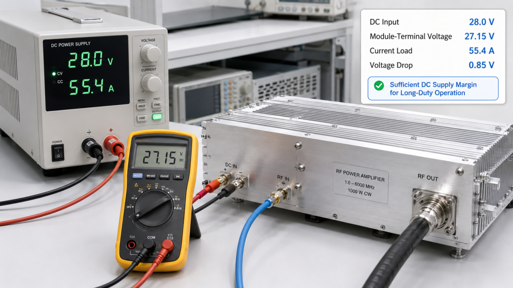RF power amplifier duty cycle DC power margin test showing supply voltage, module terminal voltage, current load, and voltage drop