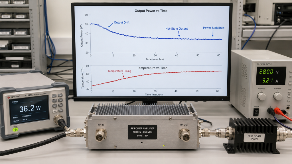 RF power amplifier output power drift during long duty operation with power versus time and temperature rising curves