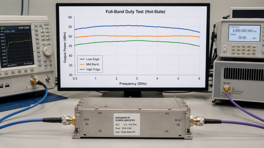 RF power amplifier full-band duty cycle test showing low edge, mid band, and high edge output stability under hot-state operation