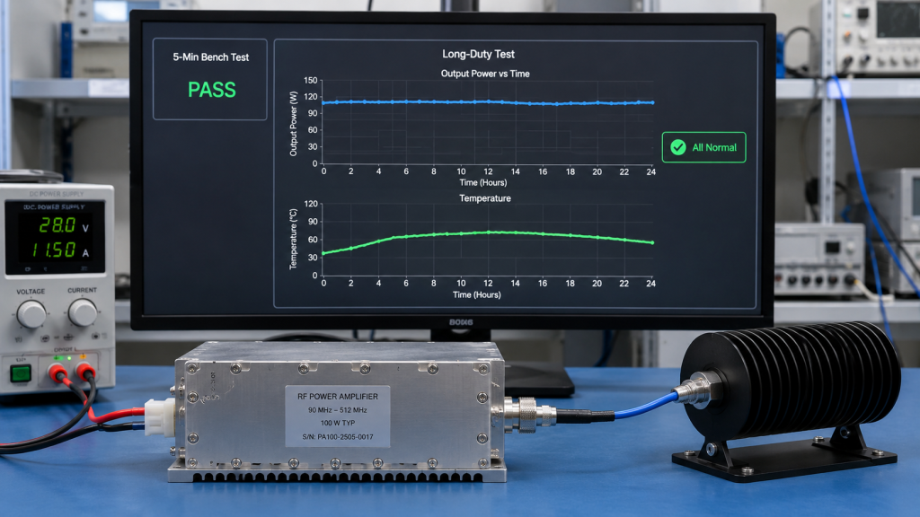 RF power amplifier short bench test compared with long duty test showing why five-minute PASS results cannot prove True CW reliability