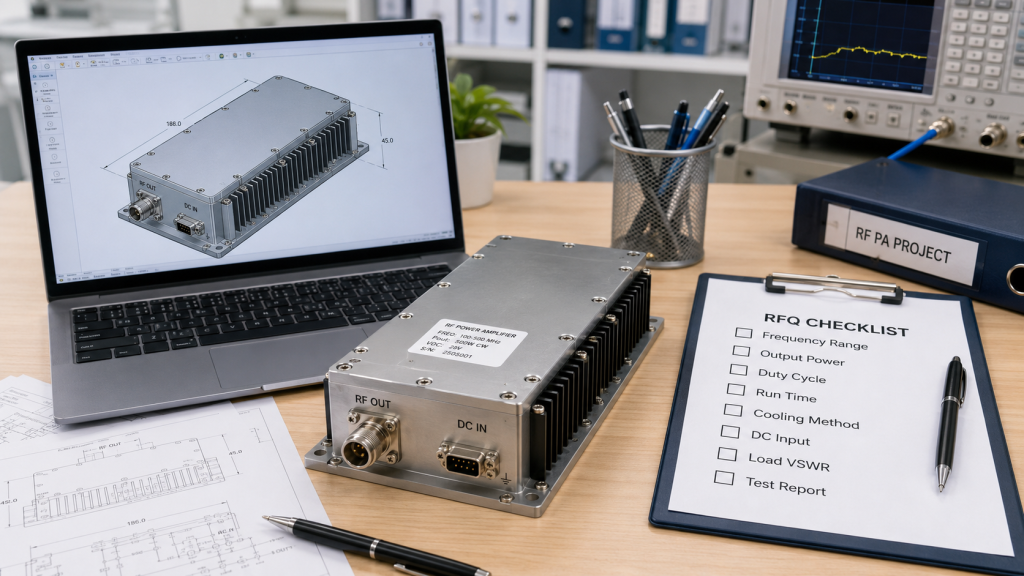 RF power amplifier duty cycle RFQ checklist including frequency range, output power, duty cycle, run time, cooling method, load VSWR, and test report