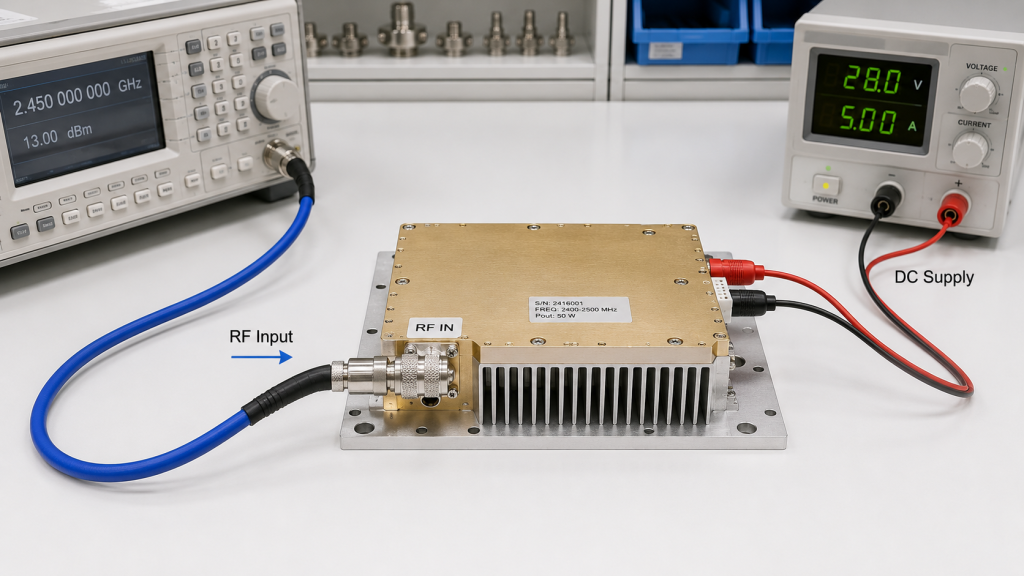 RF Power Amplifier module with signal source and DC supply, showing RF input drive at PA input port.