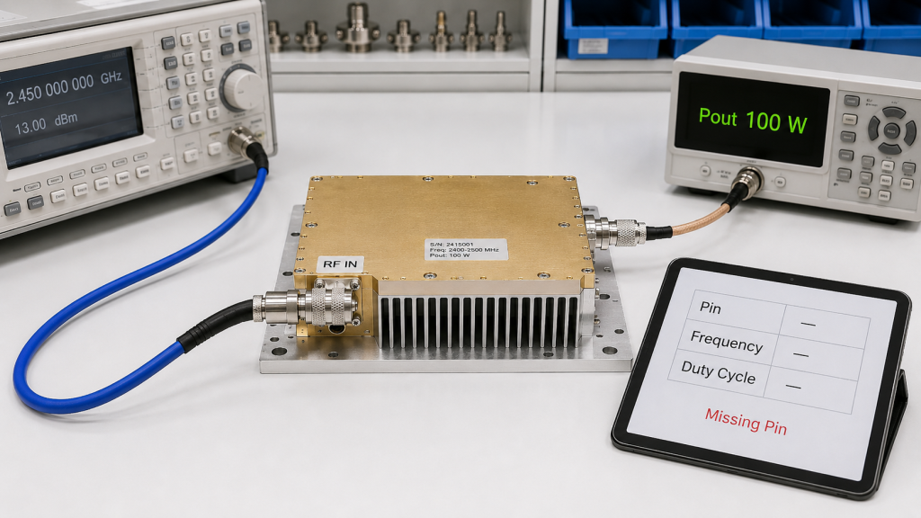 PA module with output power reading 100 W and incomplete test report missing Pin, Frequency, Duty Cycle