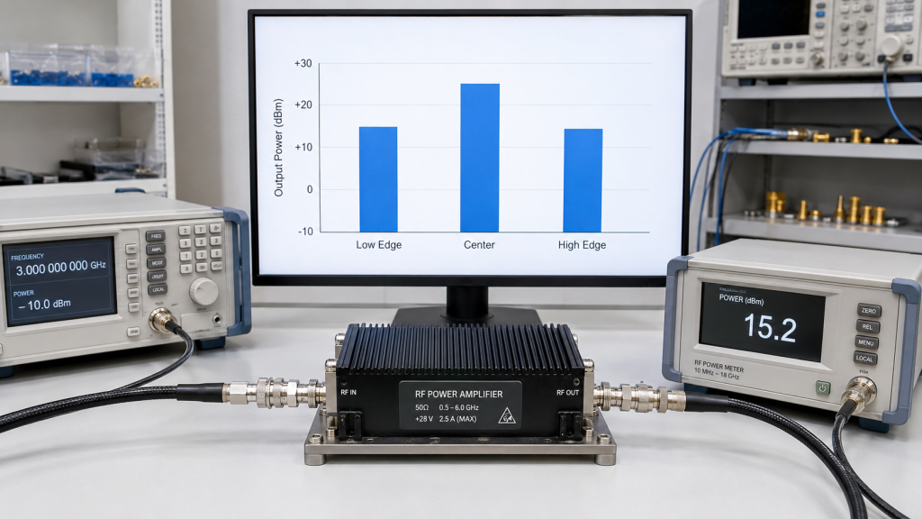 PA module output at low, center, and high frequency edges showing variation in Pout for same input drive.