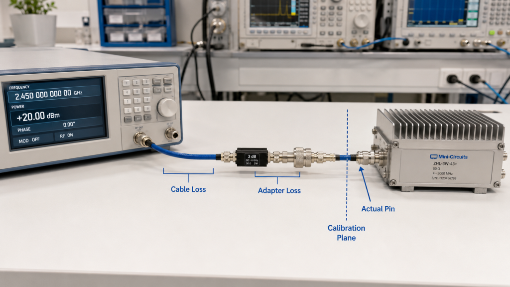 PA module showing input path with cable loss and adapter loss, illustrating actual Pin at calibration plane.