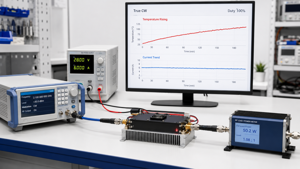 PA module under True CW operation, showing temperature rising and current trend over time.