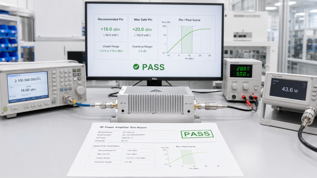 PA module undergoing factory test, showing recommended Pin, max safe Pin, verification PASS, and power reading.