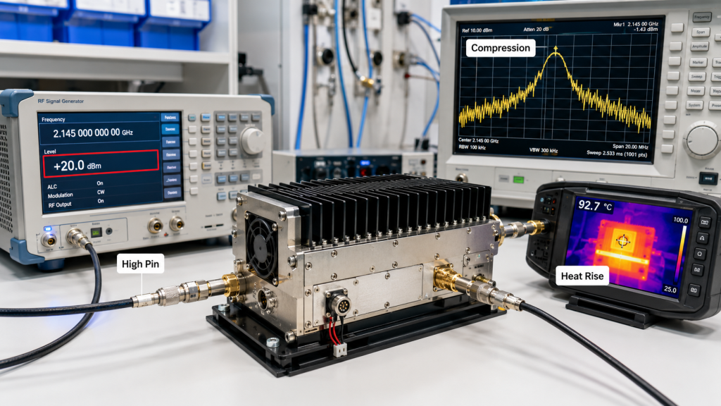 High input Pin driving PA module into compression, showing alarm, spectrum, and heat rise on thermal camera