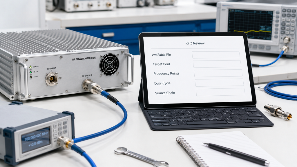 Laptop displaying RFQ review with available Pin, target Pout, and source chain next to PA module.