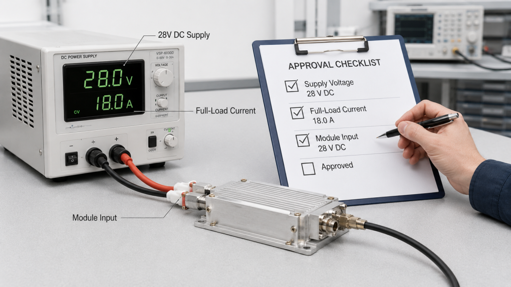 RF power amplifier selection review with 28V DC supply, full-load current check, module input measurement, and approval checklist.