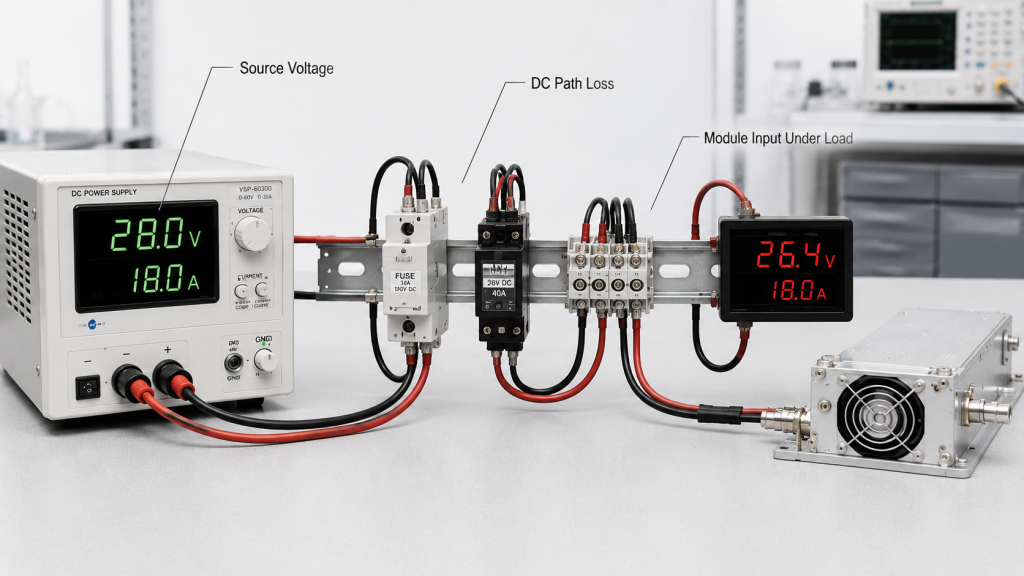 RF power amplifier DC path voltage drop test showing source voltage, cable and terminal loss, and module input voltage under load.