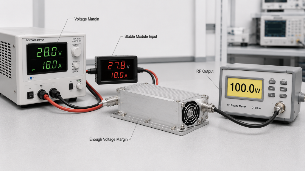 RF power amplifier voltage margin test showing stable module input voltage supporting consistent 100W RF output under load.