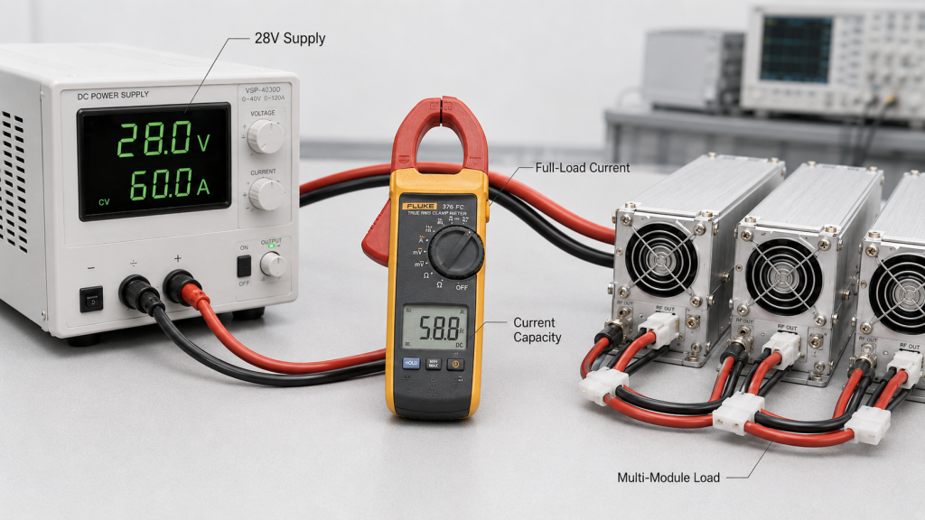 28V RF power amplifier current capacity test using a clamp meter to verify full-load current for multi-module operation.