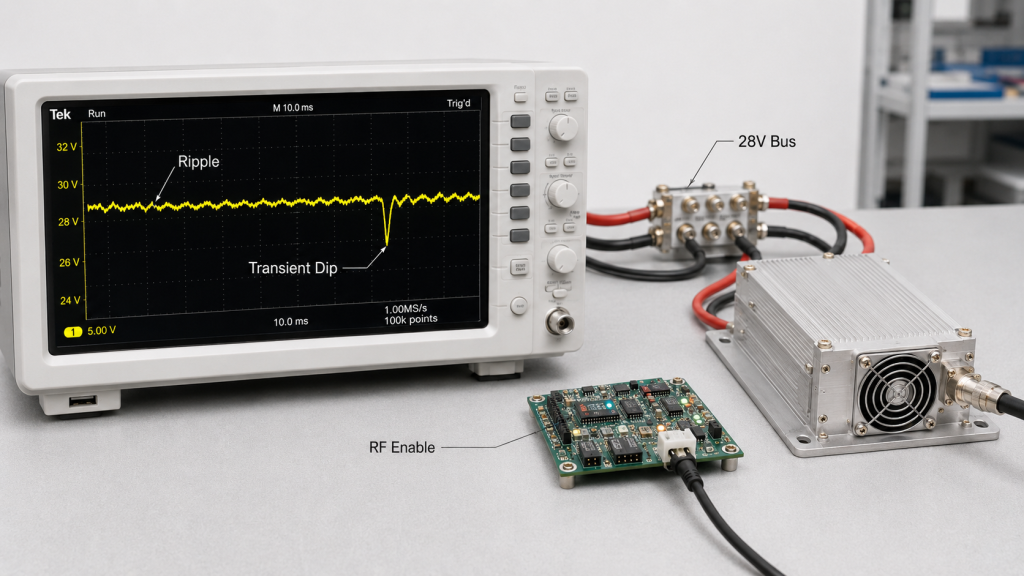 RF power amplifier supply voltage stability test showing ripple and transient dip on a 28V DC bus during RF enable.